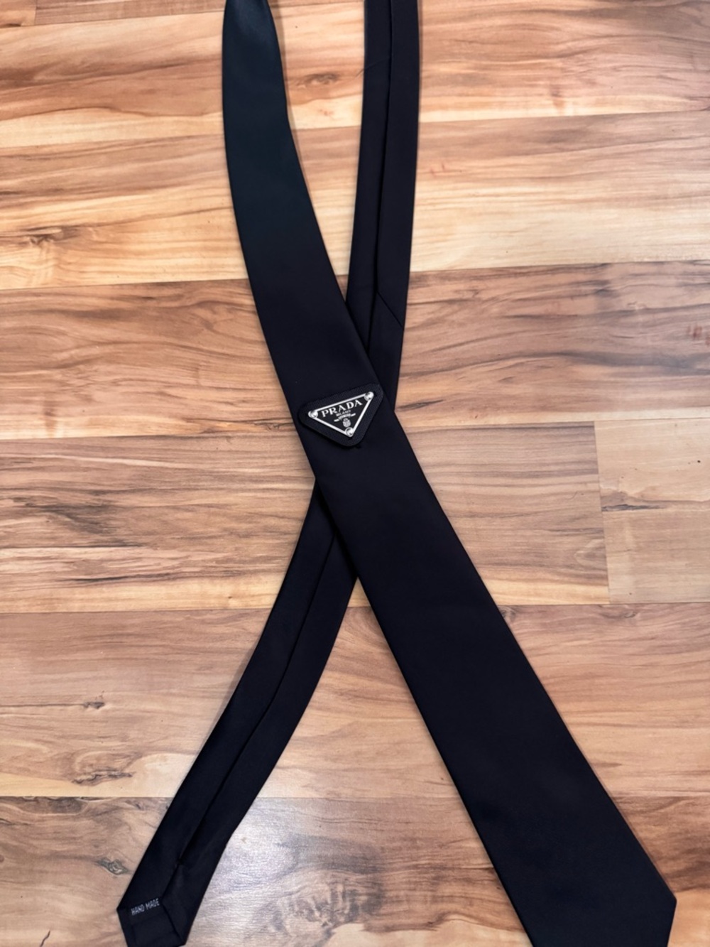 Prada Black Slim Tie with Silver Triangle Logo - Picture 4 of 4